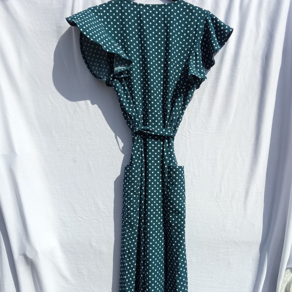 Teal Polka Dot Maxi Dress with Flutter Sleeves and Self-Tie Waist